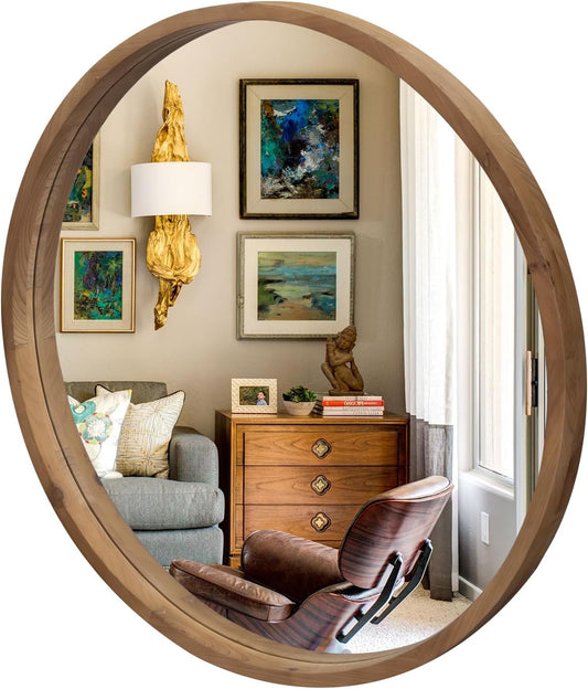 36" Bathroom Mirror, Round Wall Mirror with Wood Frame, Farmhouse Mirrors for Wall Decor, Wall-Mounted Mirrors for Bedroom, Living Room, Brown