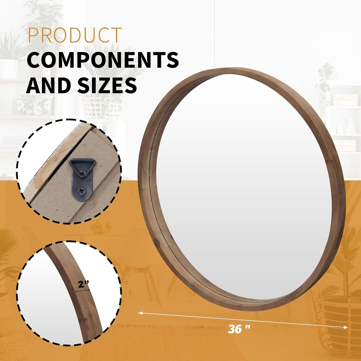 36" Bathroom Mirror, Round Wall Mirror with Wood Frame, Farmhouse Mirrors for Wall Decor, Wall-Mounted Mirrors for Bedroom, Living Room, Brown