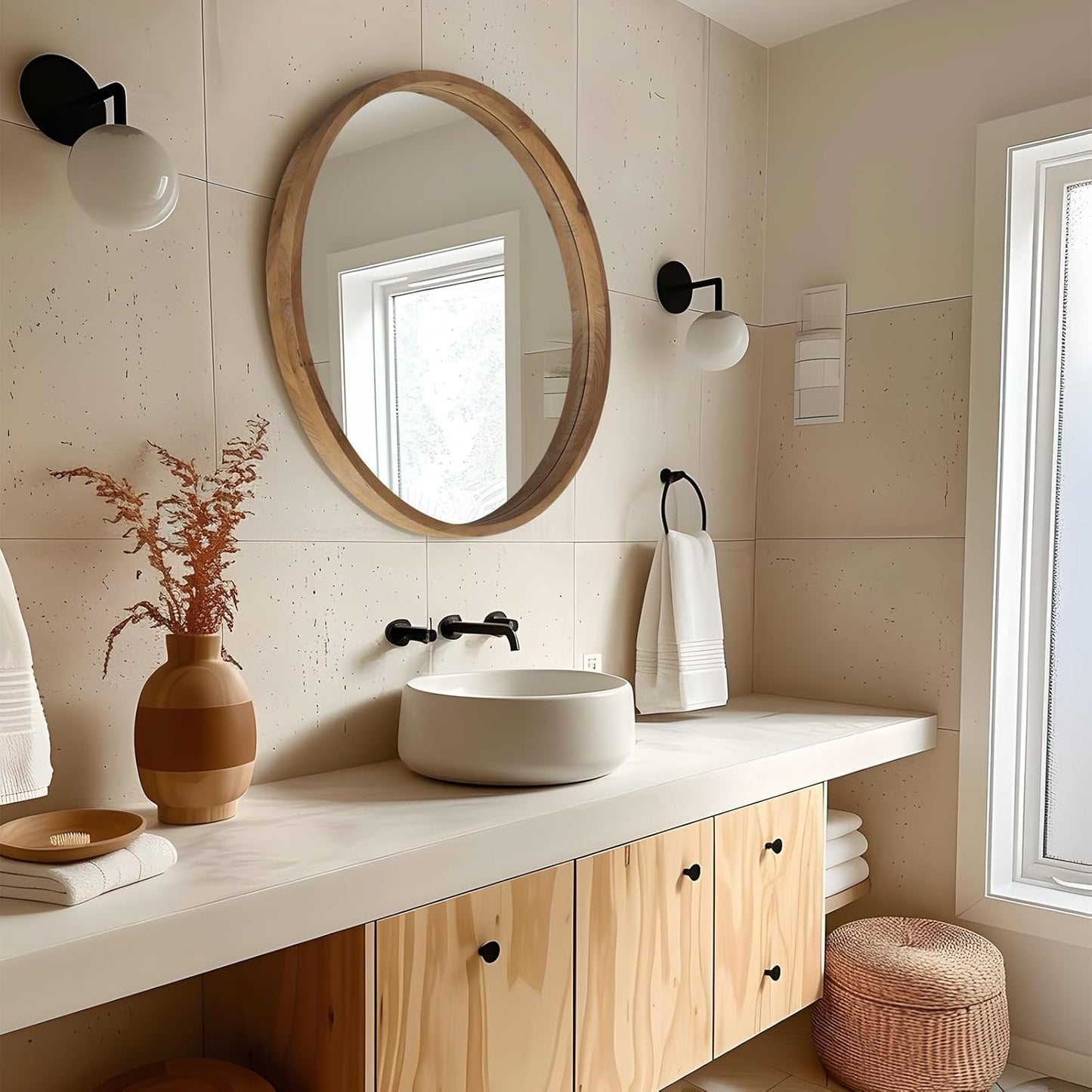 36" Bathroom Mirror, Round Wall Mirror with Wood Frame, Farmhouse Mirrors for Wall Decor, Wall-Mounted Mirrors for Bedroom, Living Room, Brown