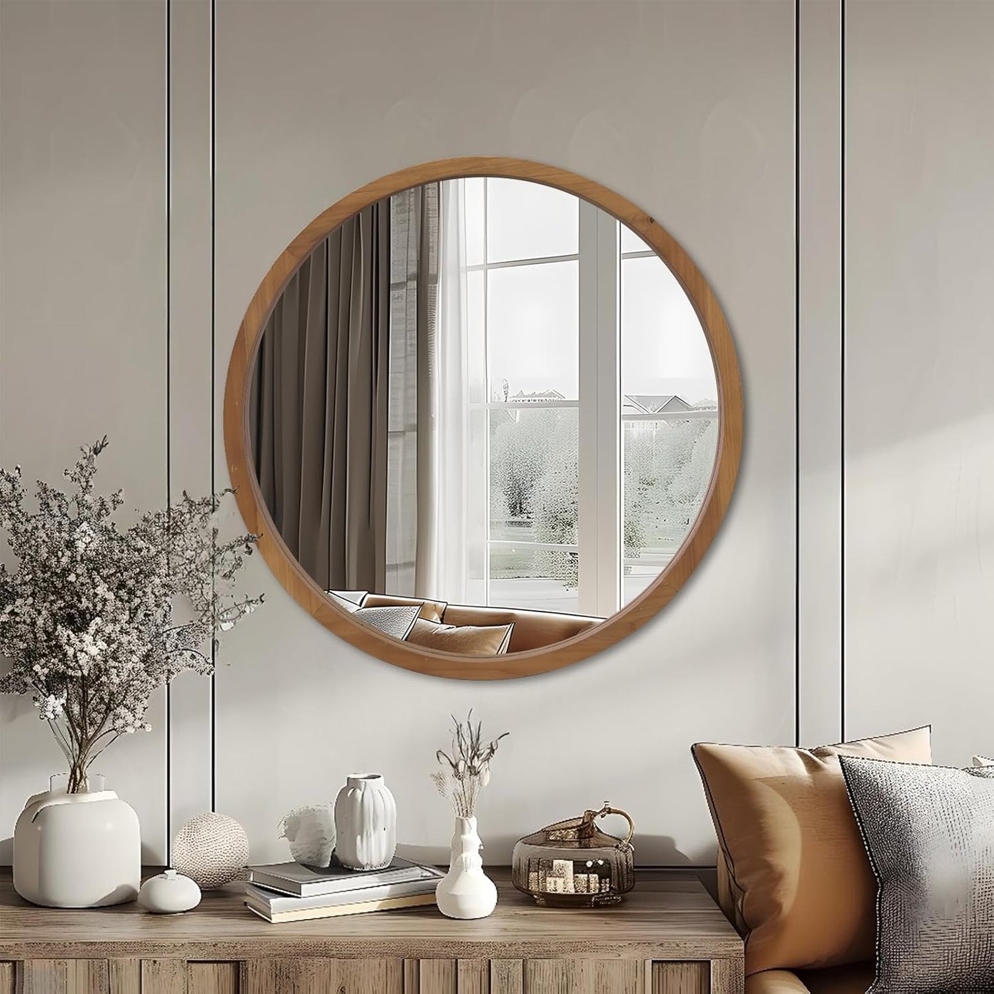 36" Bathroom Mirror, Round Wall Mirror with Wood Frame, Farmhouse Mirrors for Wall Decor, Wall-Mounted Mirrors for Bedroom, Living Room, Brown