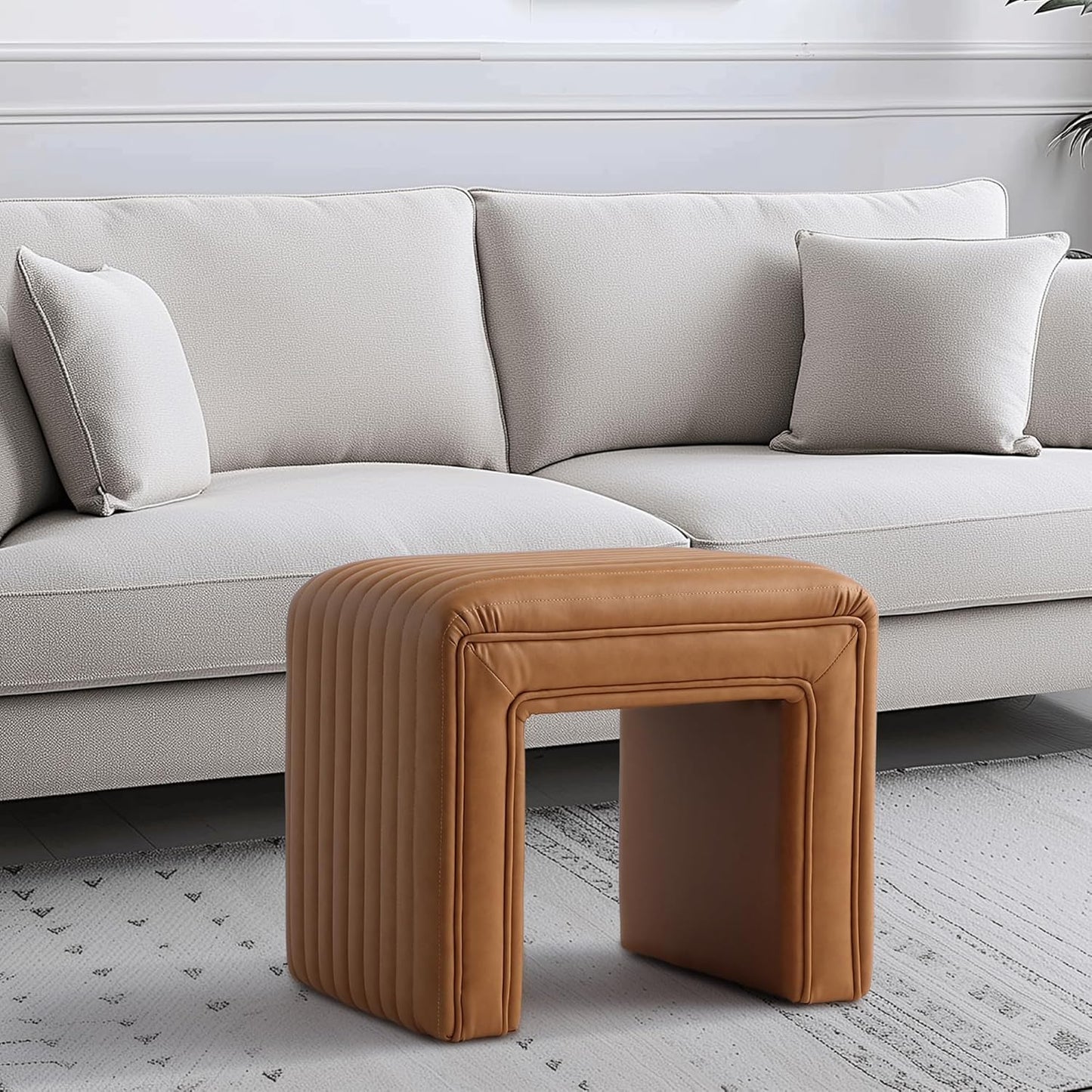 Get Set Style Vanity Stool Chair - Modern Leather Ottoman Foot Stool with Wooden Legs