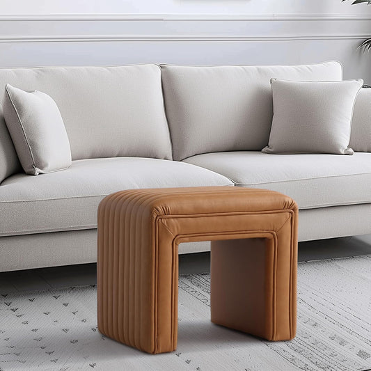 Get Set Style Vanity Stool Chair - Modern Leather Ottoman Foot Stool with Wooden Legs